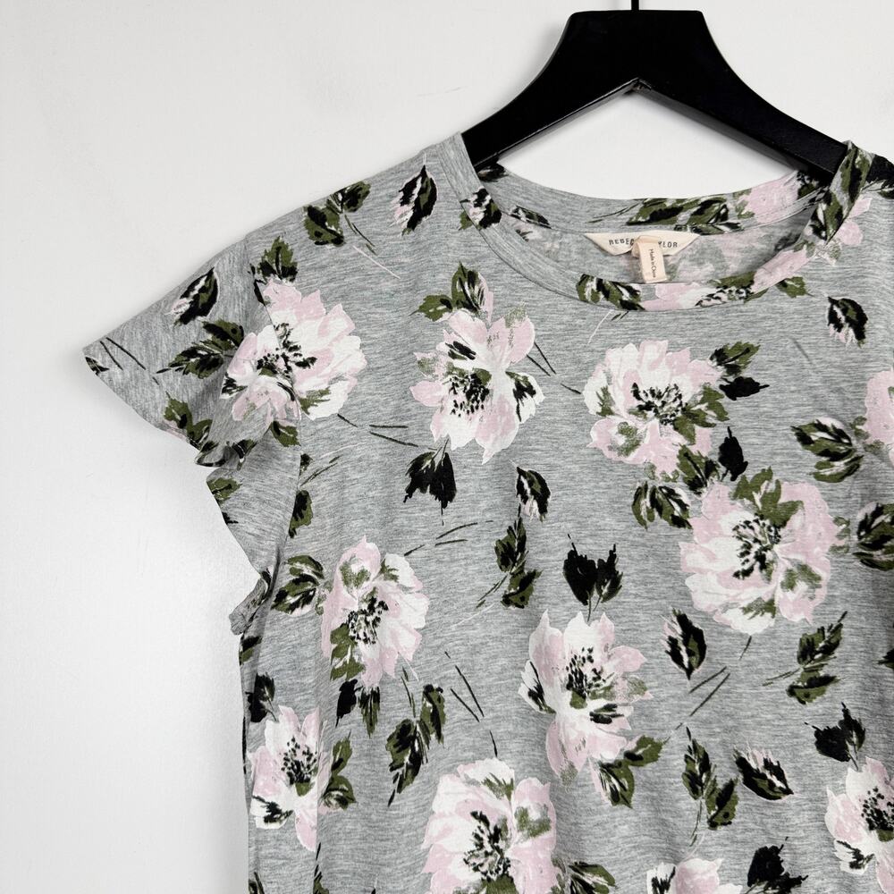 Rebecca Taylor Floral Flutter Sleeve Tee Shirt Gray Pink - S - Picture 2 of 8